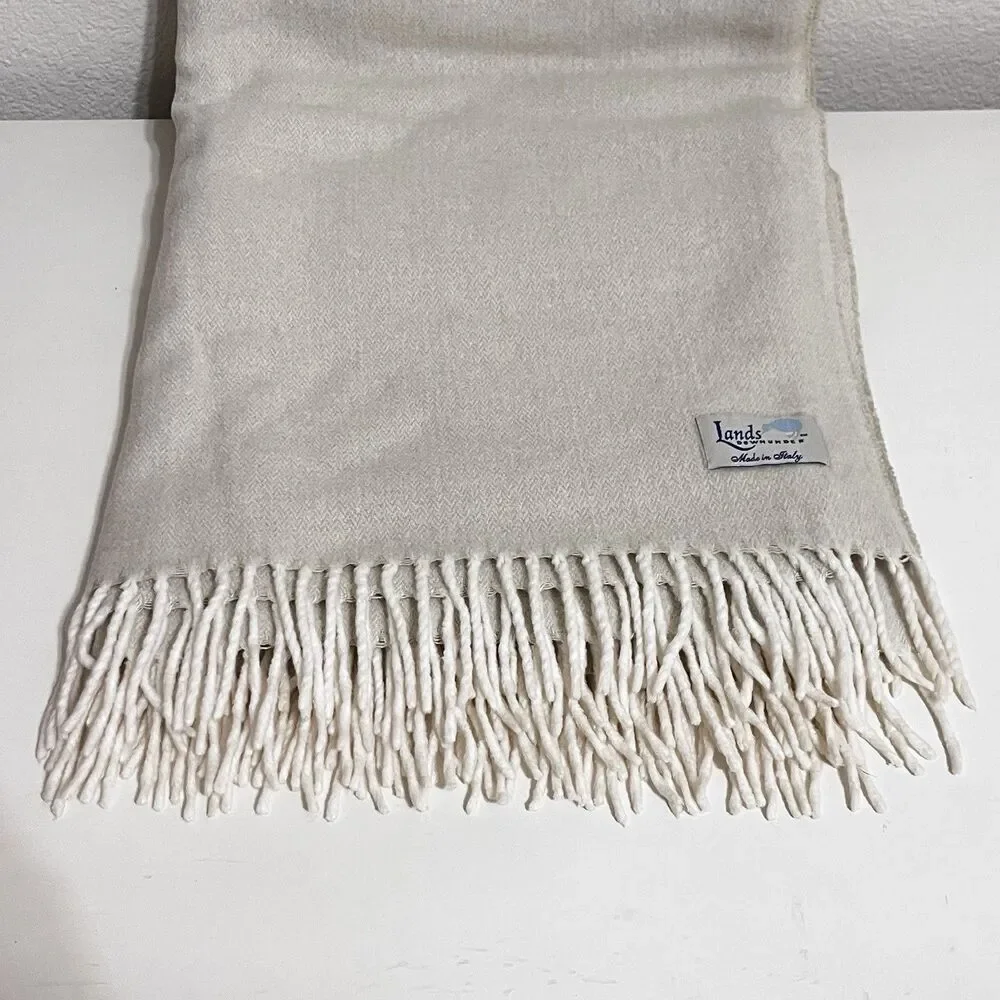 Lands Downunder Italian Herringbone Fringed Cream Throw Blanket Soft Italy